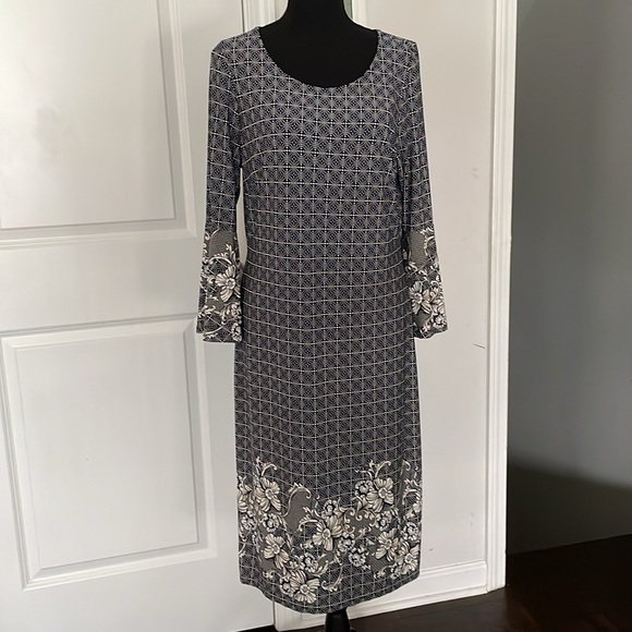 Glamour Dress Women Size 14P Navy Gray White Print Slim Cut Trumpet Sleeves - Picture 2 of 11